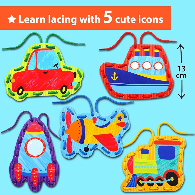 KRAFUN Preschool Beginner First Lacing Card Kit for Kids Training Arts & Crafts, 5 Easy Transport and Cars Lacing Projects, Craft Paper Cards for Toddlers, Fine Motor Skills Toys - Image 3